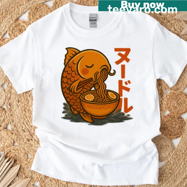 Cartoon fish eating noodles on a humorous t-shirt.
