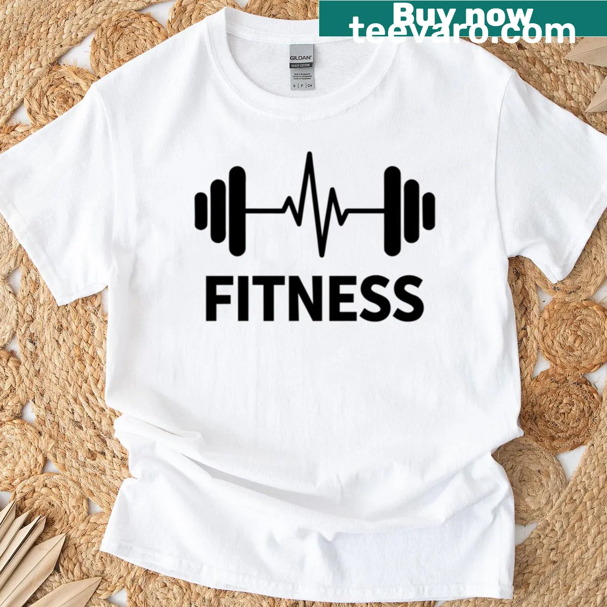 Minimalist fitness logo with dumbbell and heartbeat line on t-shirt — on a men's t-shirt