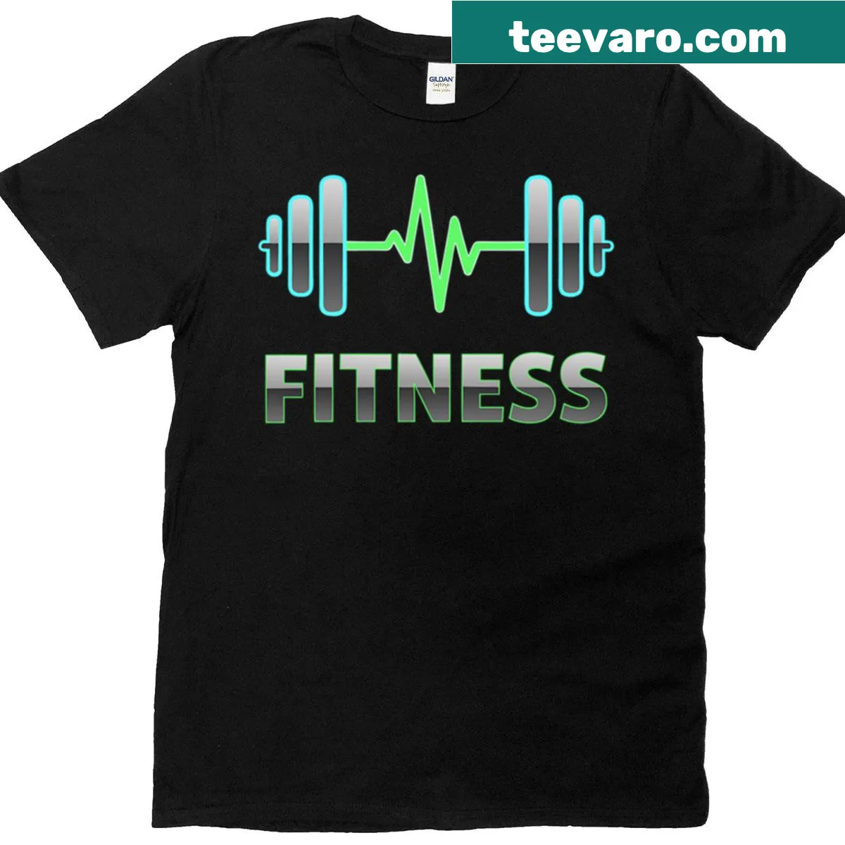 Minimalist T-shirt with green fitness logo and heartbeat line — on a men's t-shirt