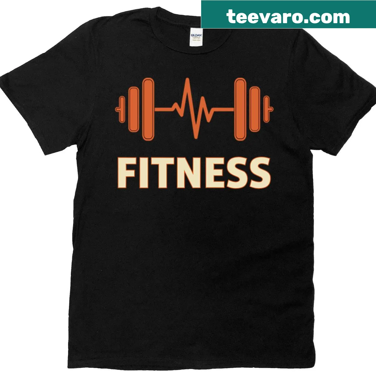 Orange fitness logo t-shirt with dumbbell and heartbeat symbol — on a men's t-shirt