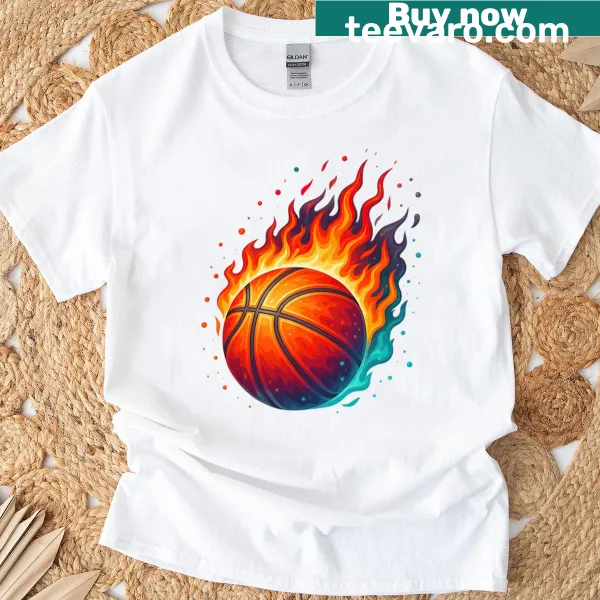 Flaming basketball graphic illustration on a T-shirt