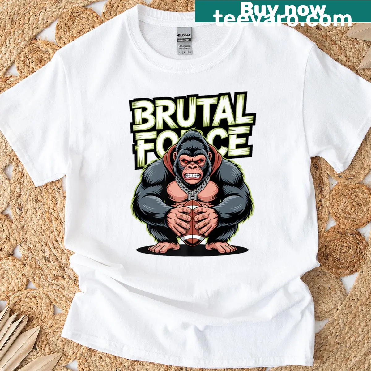 Illustrated gorilla representing football spirit on t-shirt — on a men's t-shirt