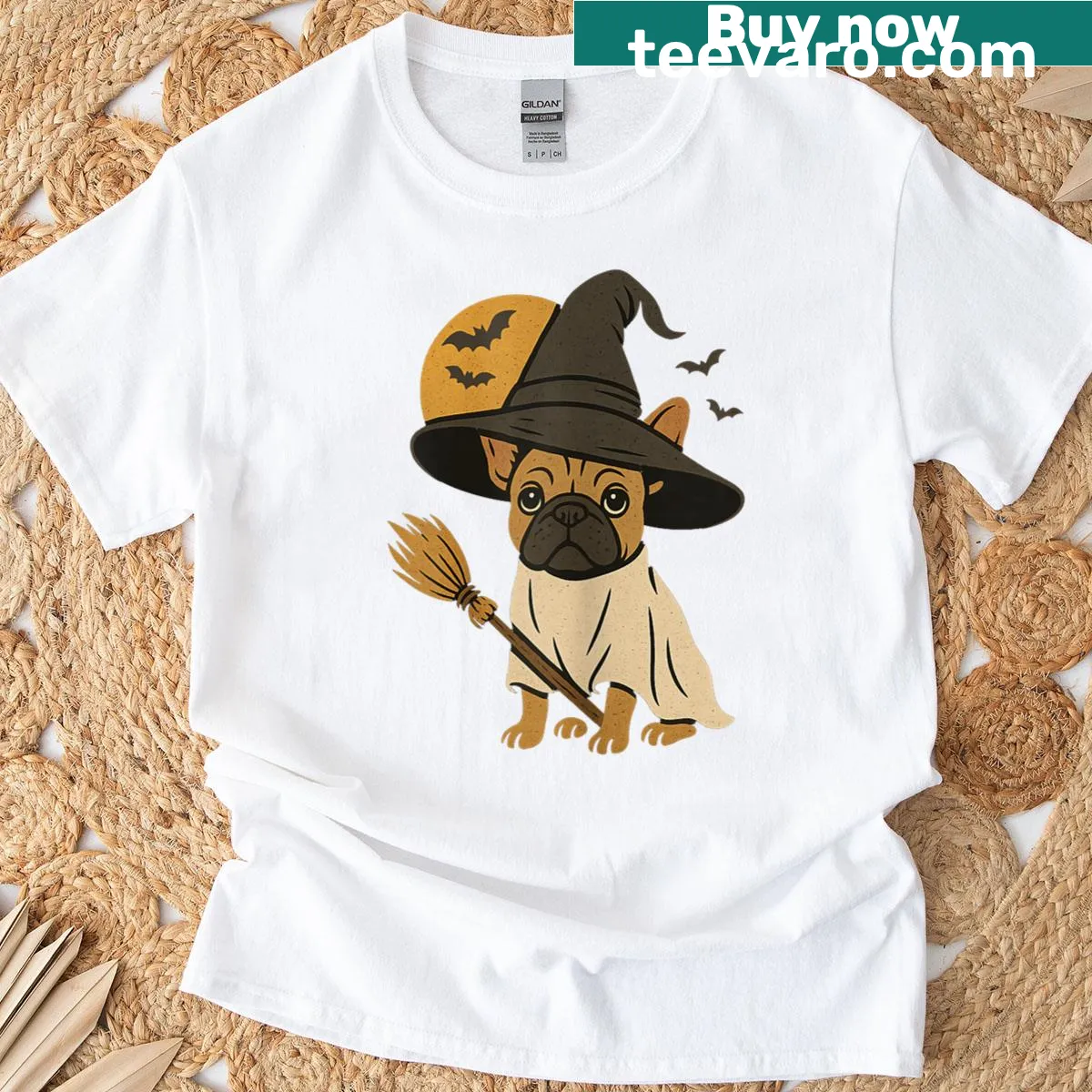 T-shirt featuring a cute French Bulldog in a witch costume — on a men's t-shirt