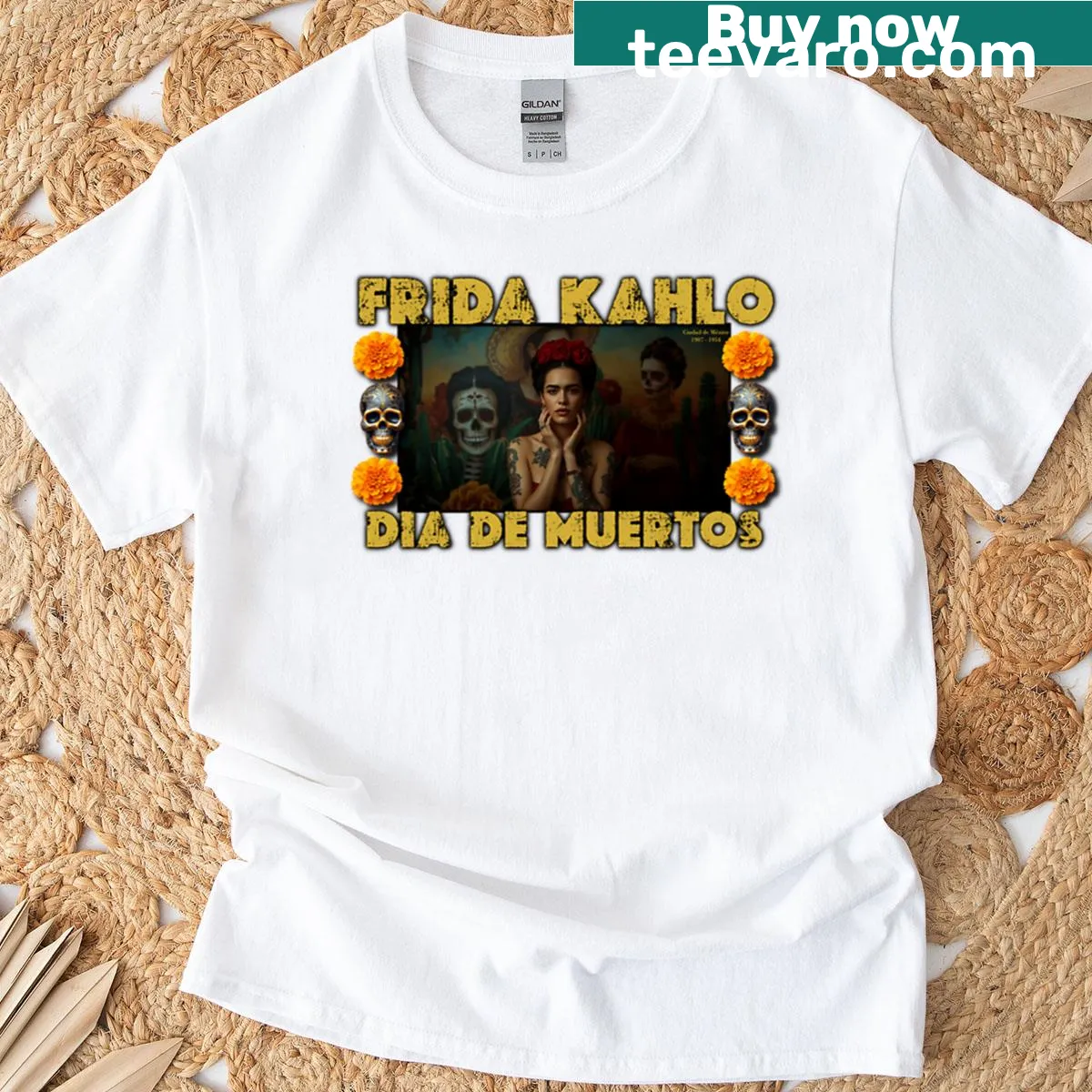 Frida Kahlo inspired design on a Day of the Dead t-shirt. — on a men's t-shirt