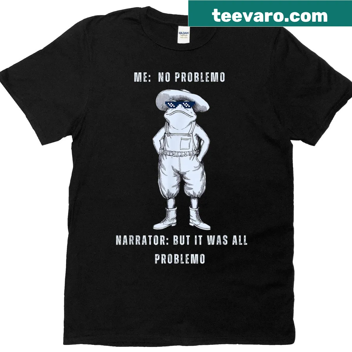 Playful t-shirt with 'Frog Me No Problemo' text — on a men's t-shirt