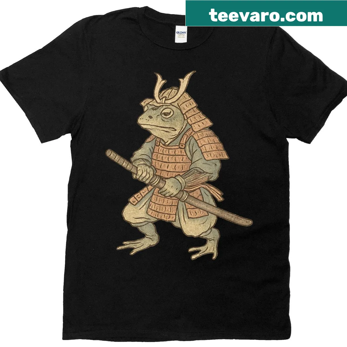 Illustrative t-shirt featuring a frog samurai warrior in fantasy style — on a men's t-shirt