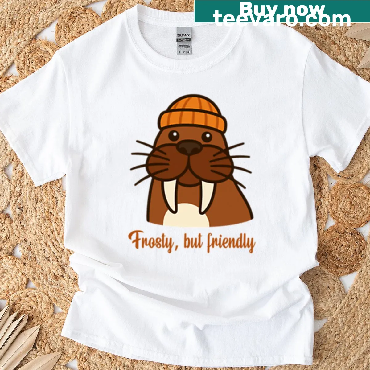 Cartoon walrus design with a friendly expression — on a men's t-shirt