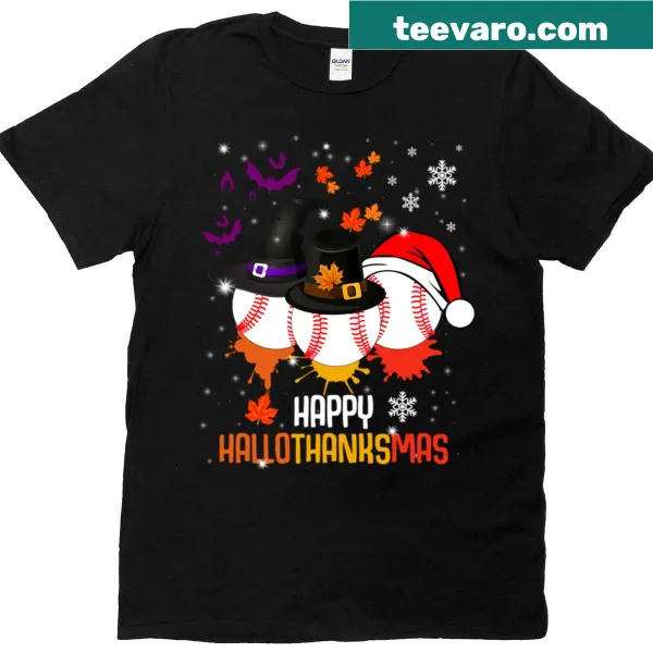 Funny T-shirt celebrating Hallothanksmas with baseball graphics