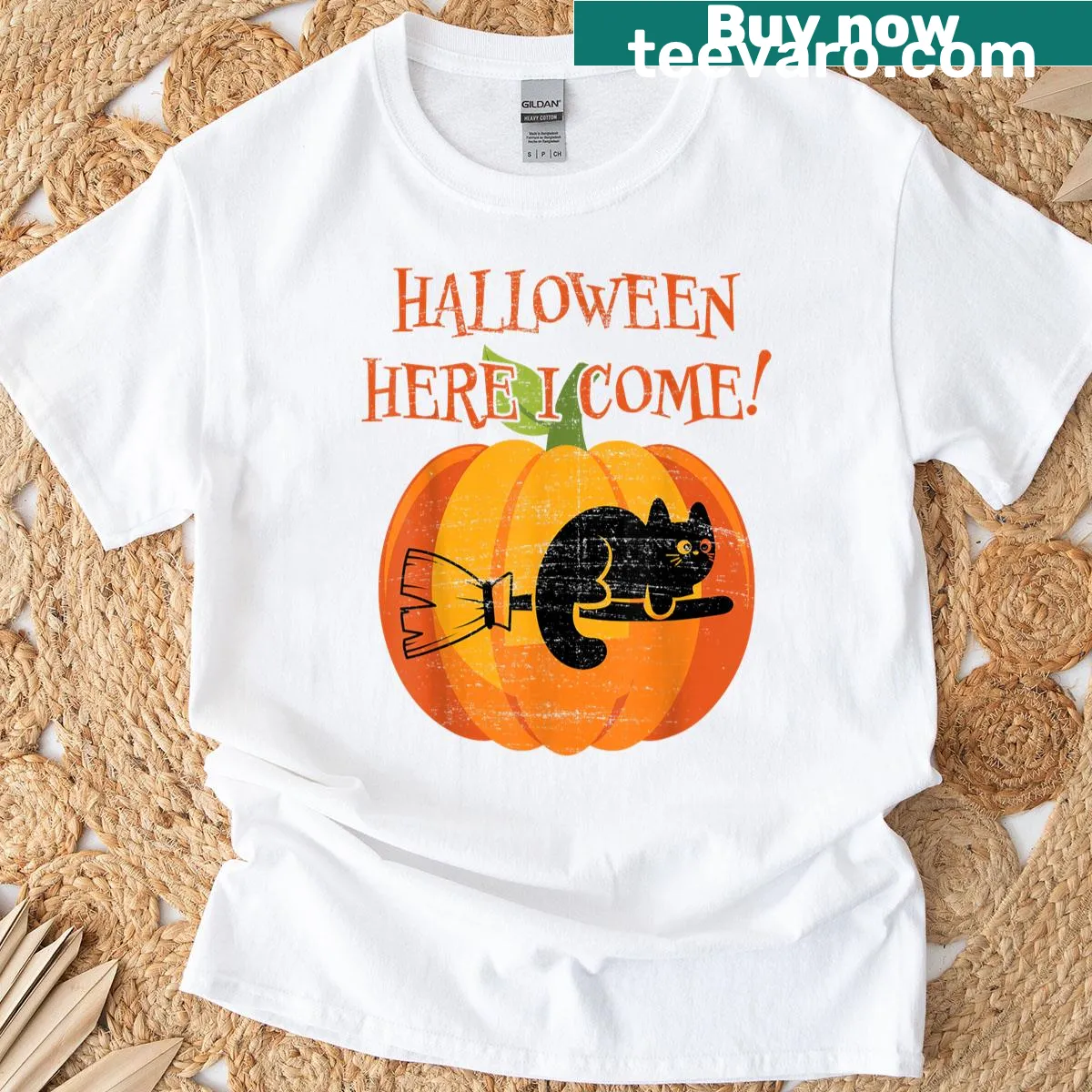 Cartoon cat lady with pumpkin and black cat on a Halloween T-shirt — on a men's t-shirt
