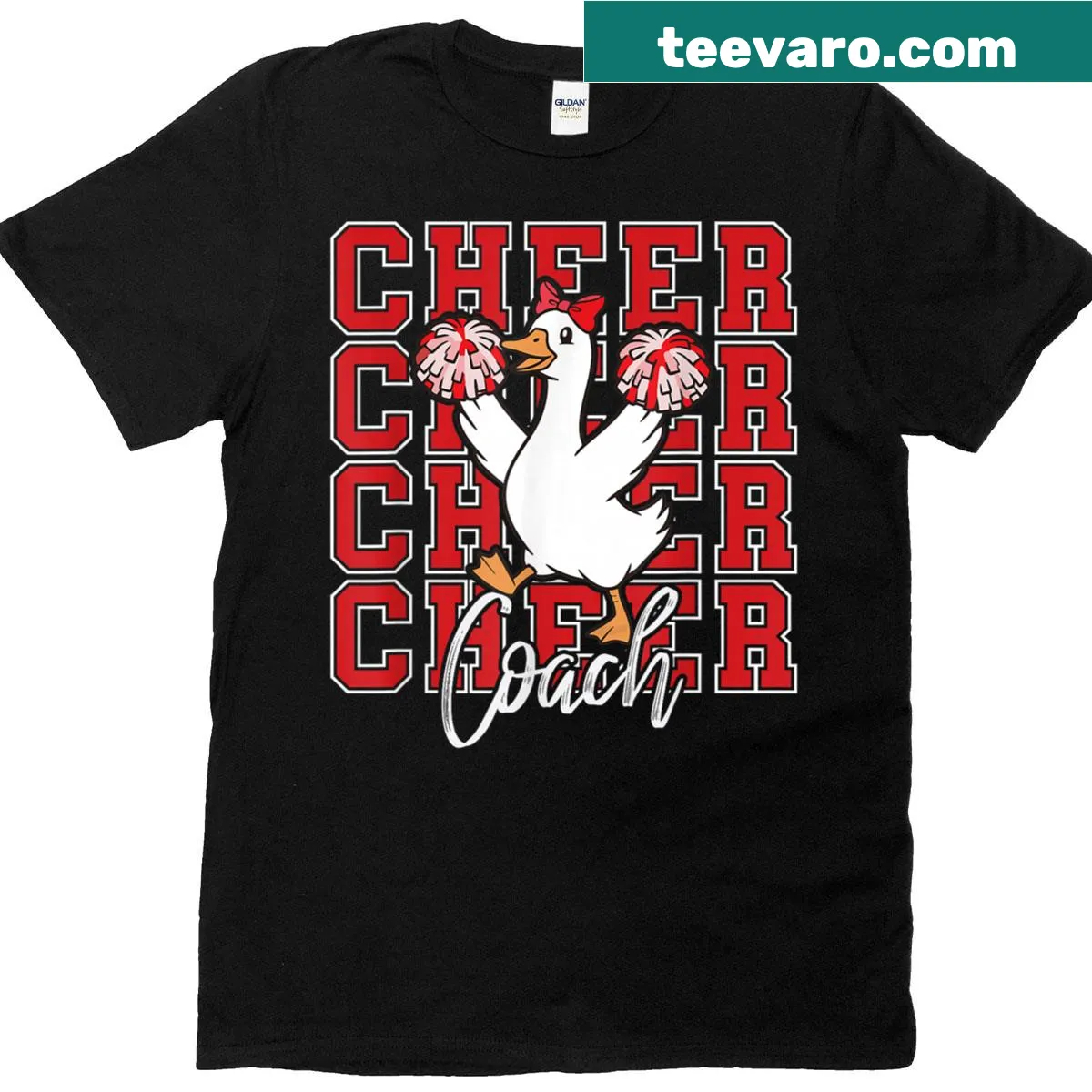 Funny t-shirt with a cartoon goose and cheerleading bow — on a men's t-shirt