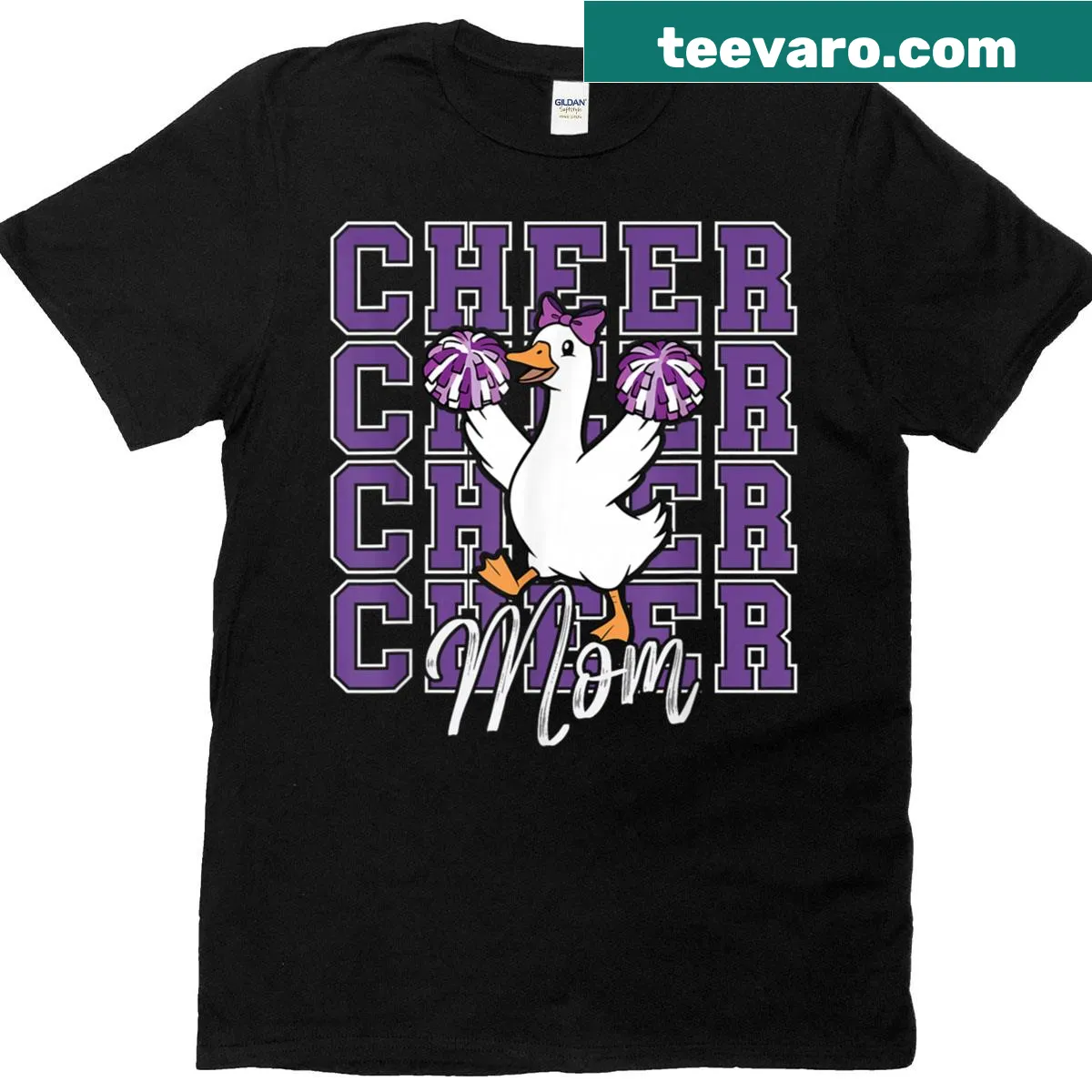 Funny Cheer Goose Mom t-shirt with coquette bow graphic — on a men's t-shirt