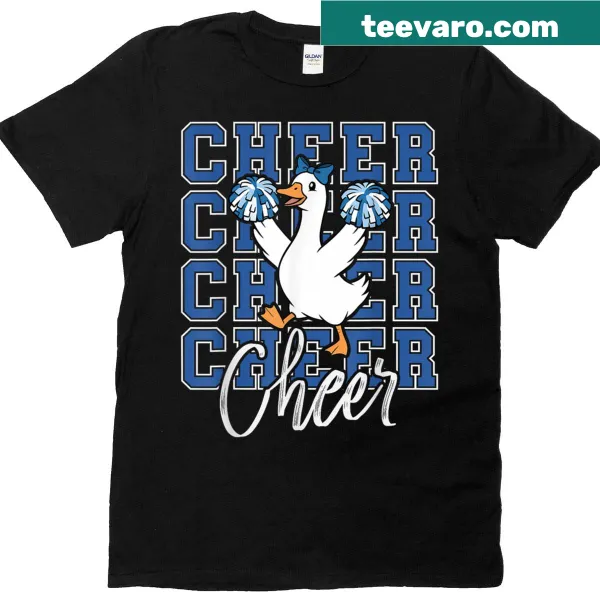 Cartoon goose with bow graphic on cheerleading t-shirt