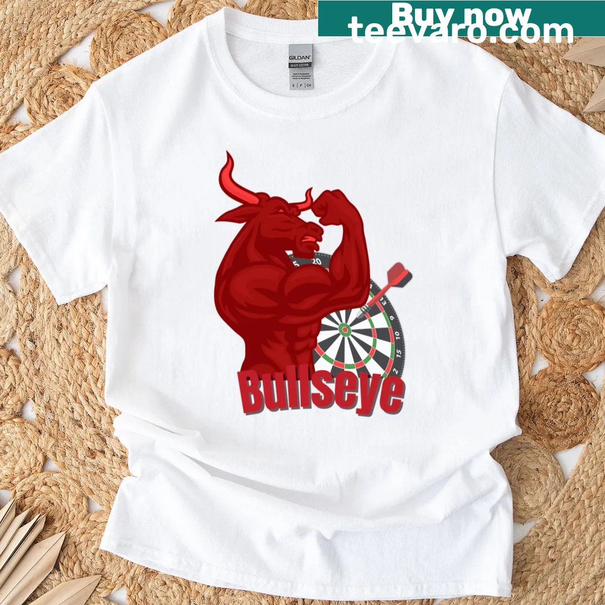 Funny bullseye graphic for dart players on T-shirt — on a men's t-shirt