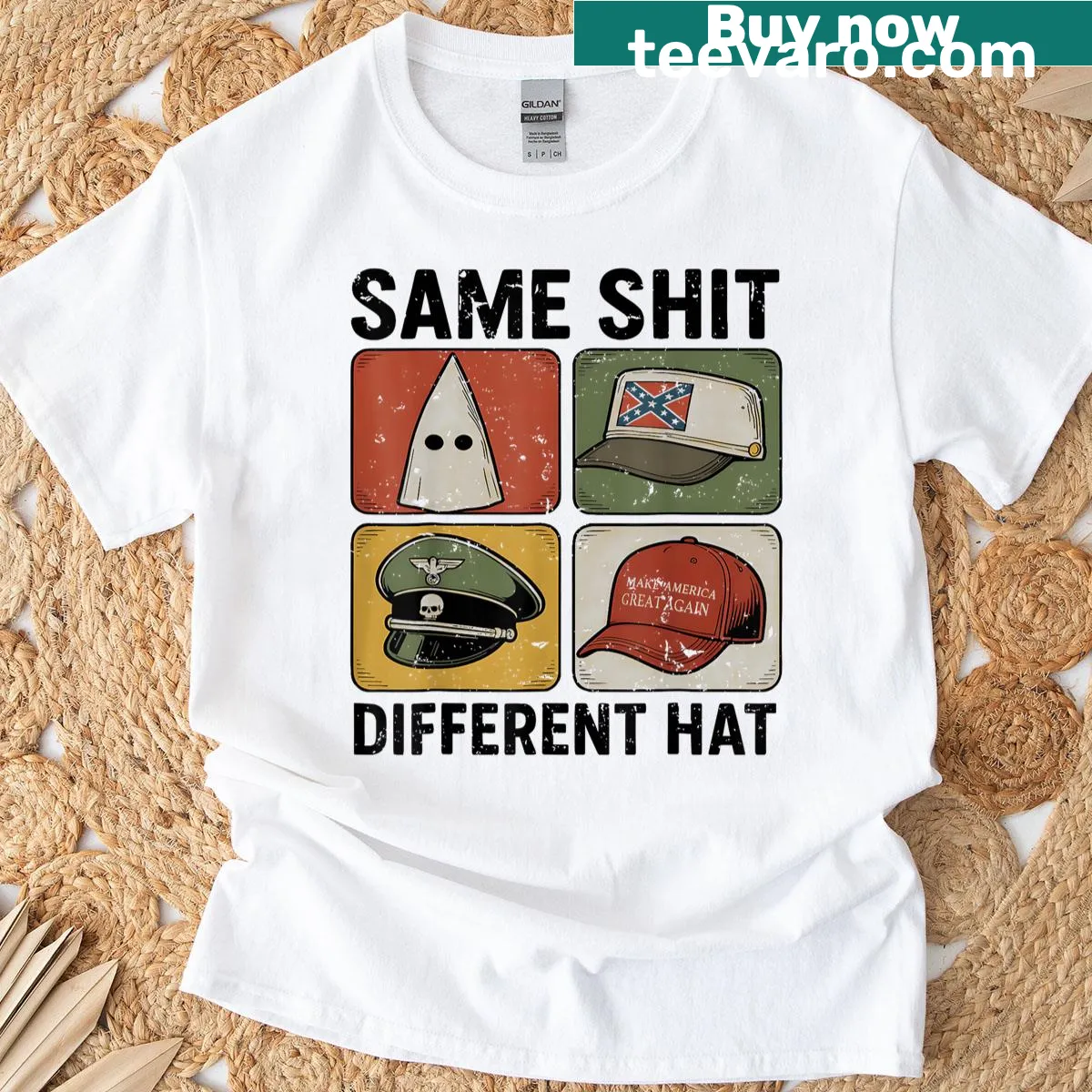 Retro humor t-shirt with 'Same Shit Different Hat' design — on a men's t-shirt