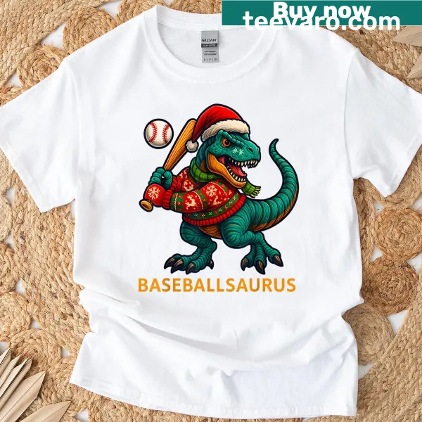 T-rex baseball graphic for a funny Christmas T-shirt