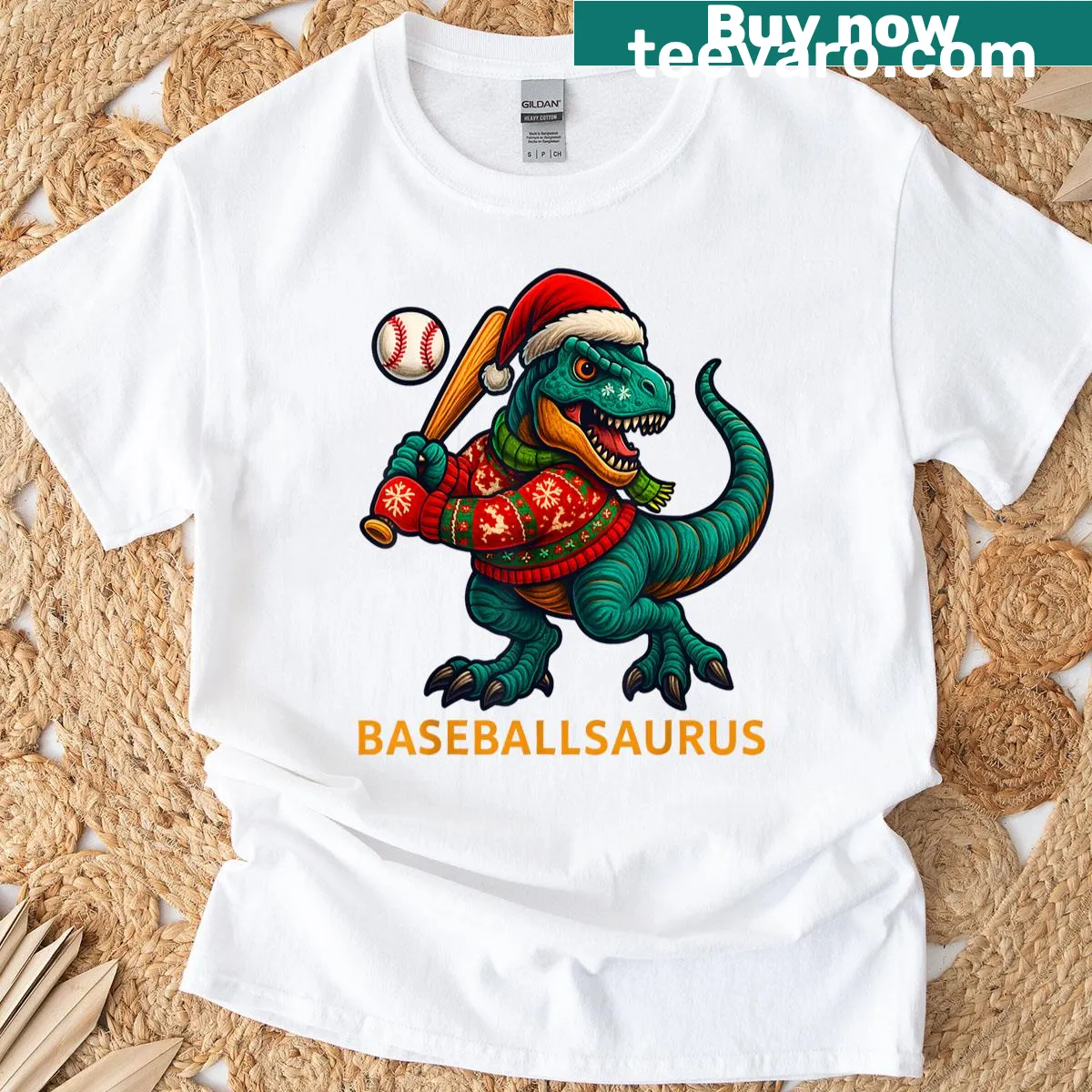 T-rex baseball graphic for a funny Christmas T-shirt — on a men's t-shirt