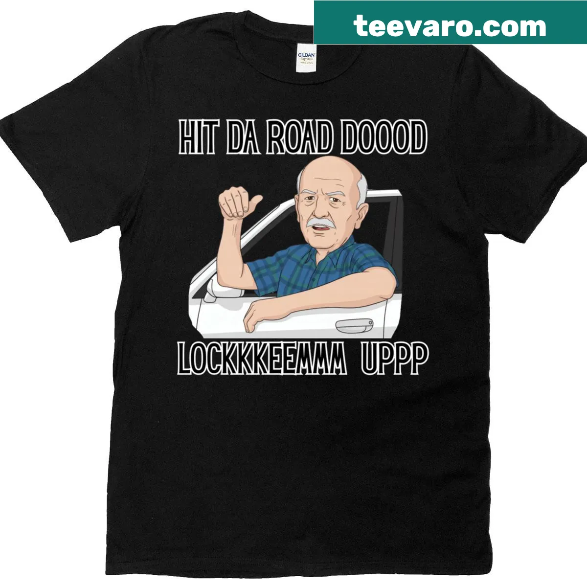 Funny road trip graphic t-shirt with humorous text — on a men's t-shirt