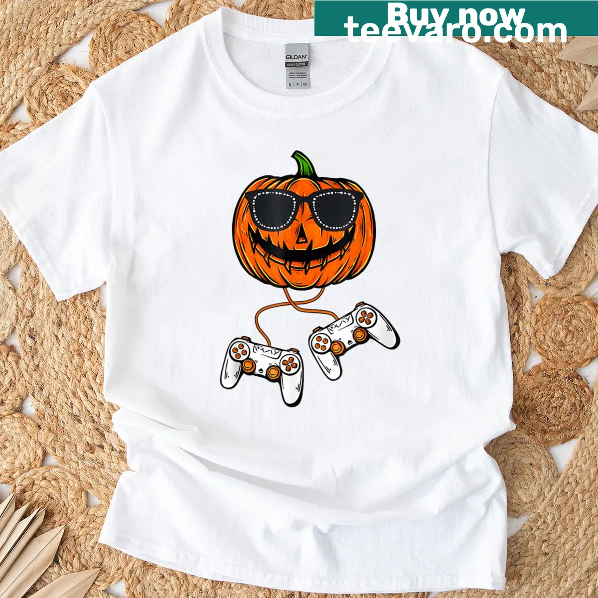 Cartoon pumpkin in gaming gear on a Halloween T-shirt for boys — on a men's t-shirt