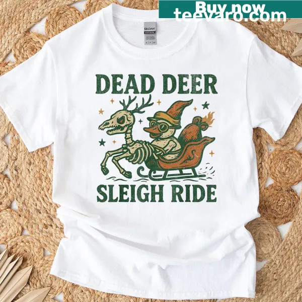 Scary reindeer skeleton with a pun for Christmas humor on shirt