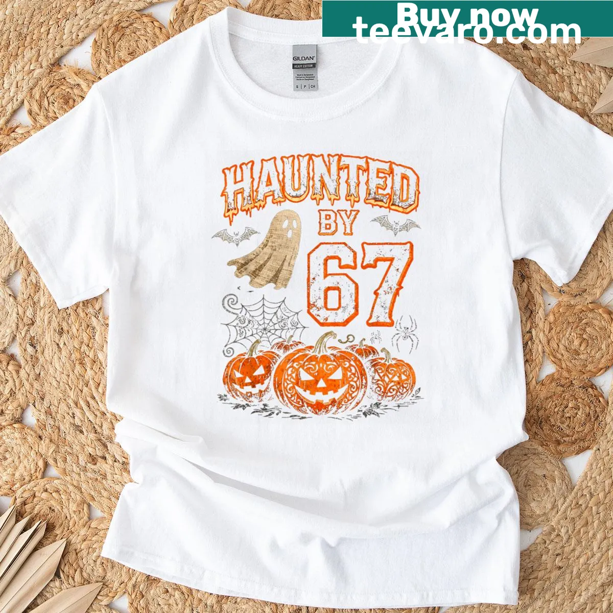 Humorous Halloween t-shirt with ghosts, pumpkins, and meme text — on a men's t-shirt