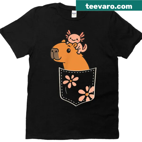 Kawaii capybara and axolotl in pocket graphic t-shirt
