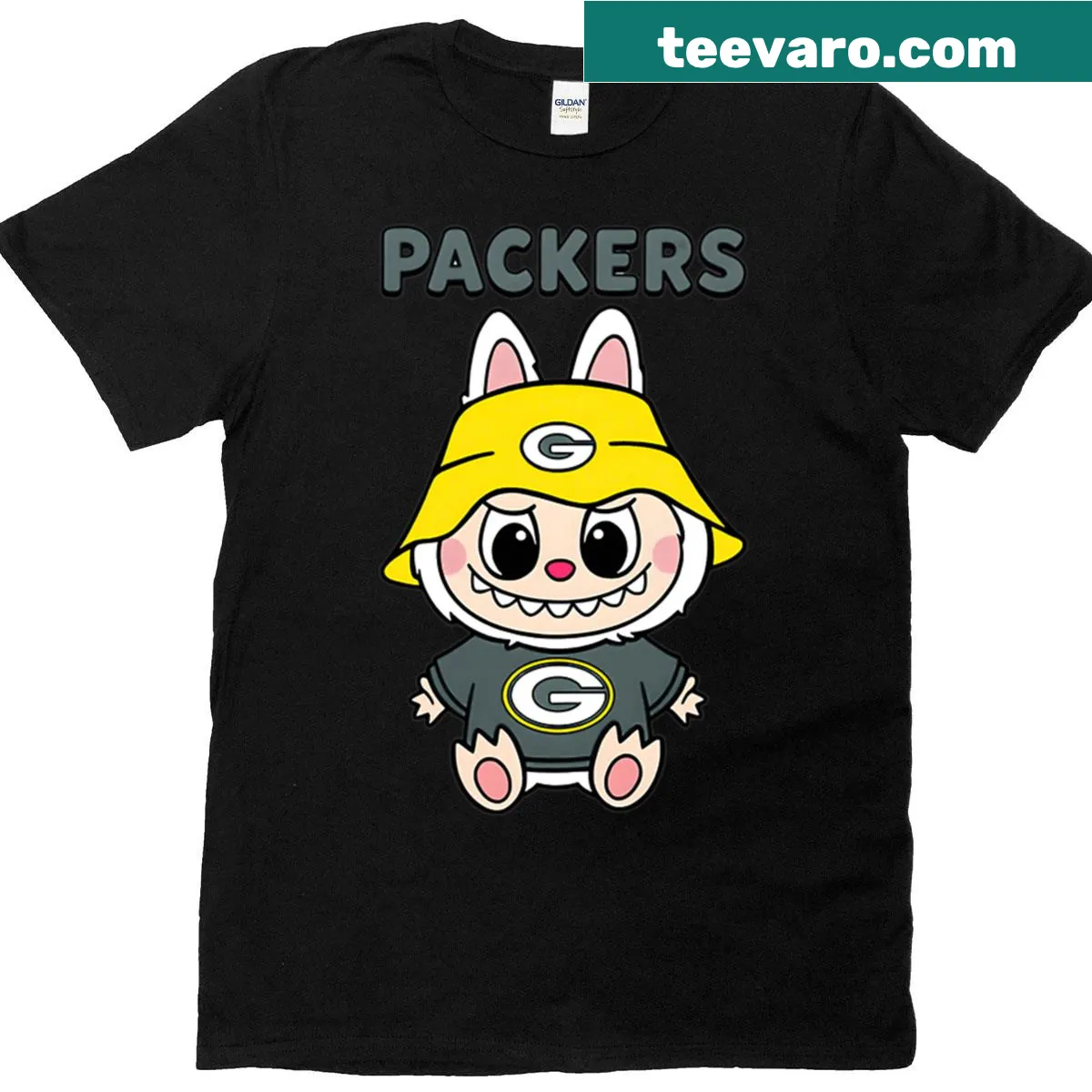 Cartoon Labubu design featuring Packers theme on a T-shirt — on a men's t-shirt
