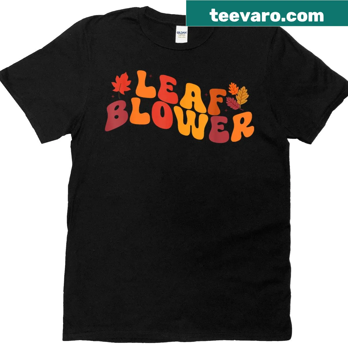 Matching couple Halloween t-shirts with leaf blower theme — on a men's t-shirt