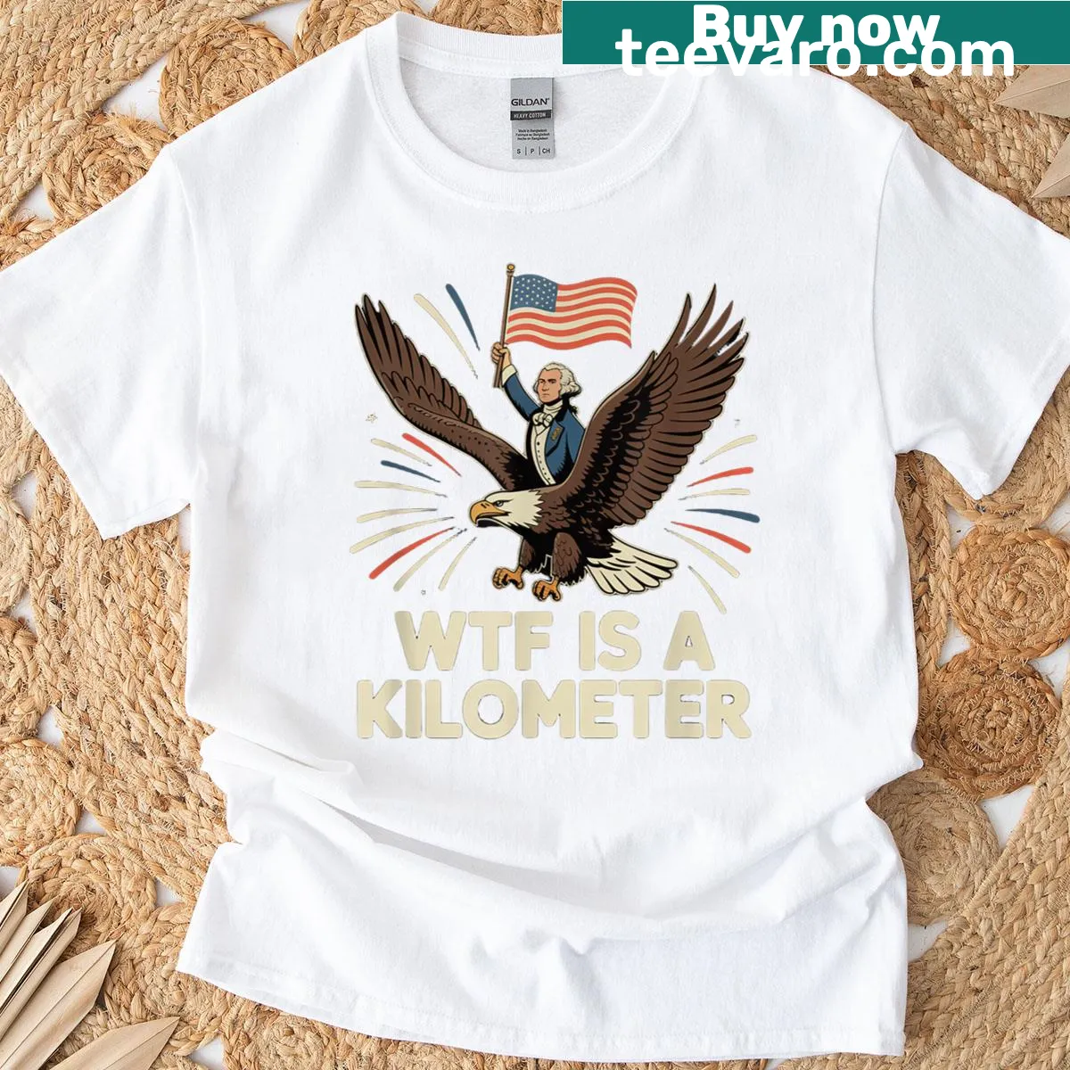 Funny patriotic t-shirt with a humorous metric phrase and flag motifs — on a men's t-shirt