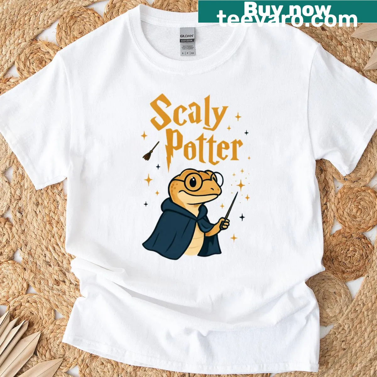 Cute gecko wizard parody t-shirt with playful typography — on a men's t-shirt