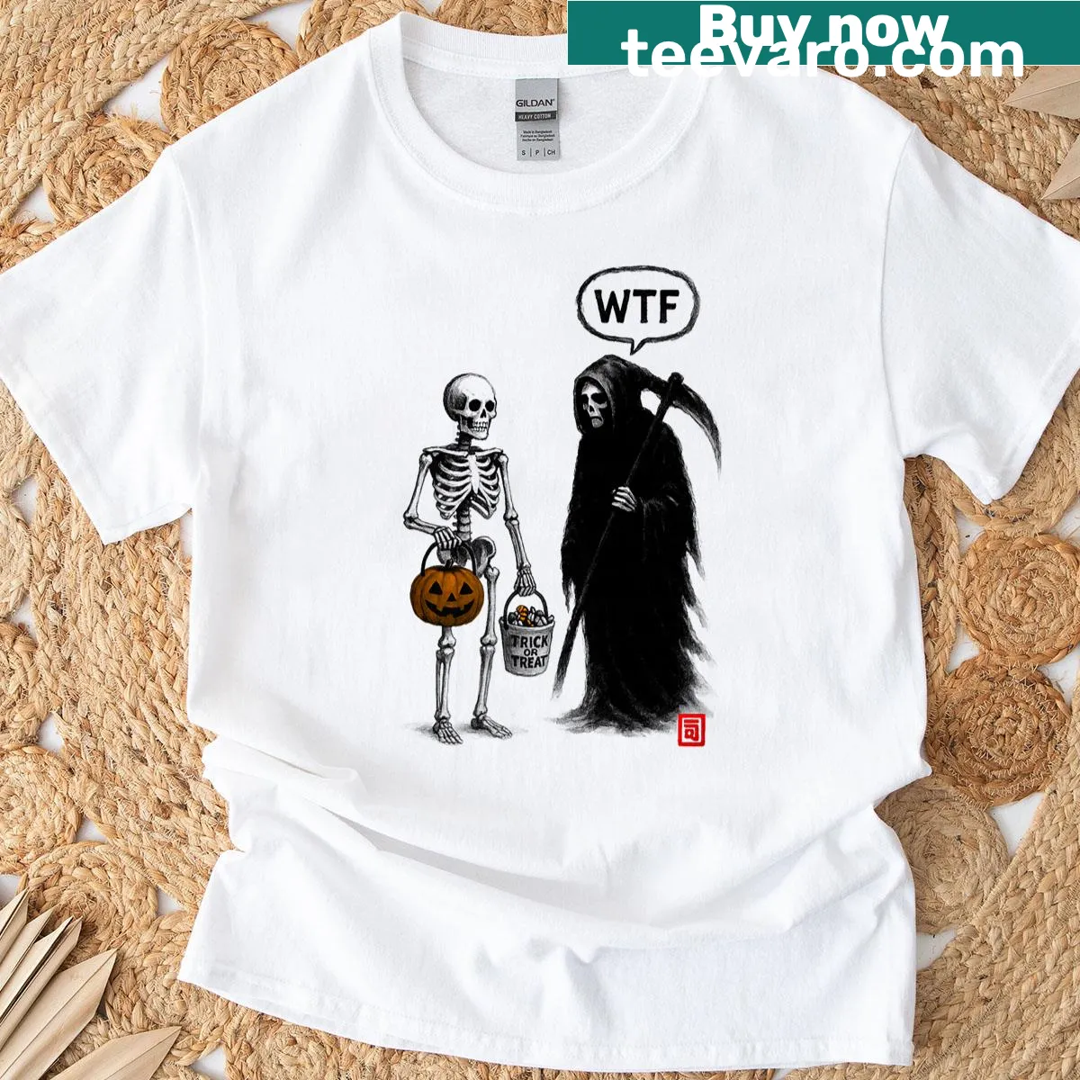 Funny skeleton illustration for Halloween with trick-or-treat theme — on a men's t-shirt