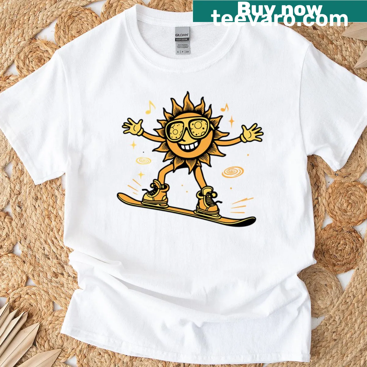 Funny snowboarding t-shirt with sunny graphic — on a men's t-shirt