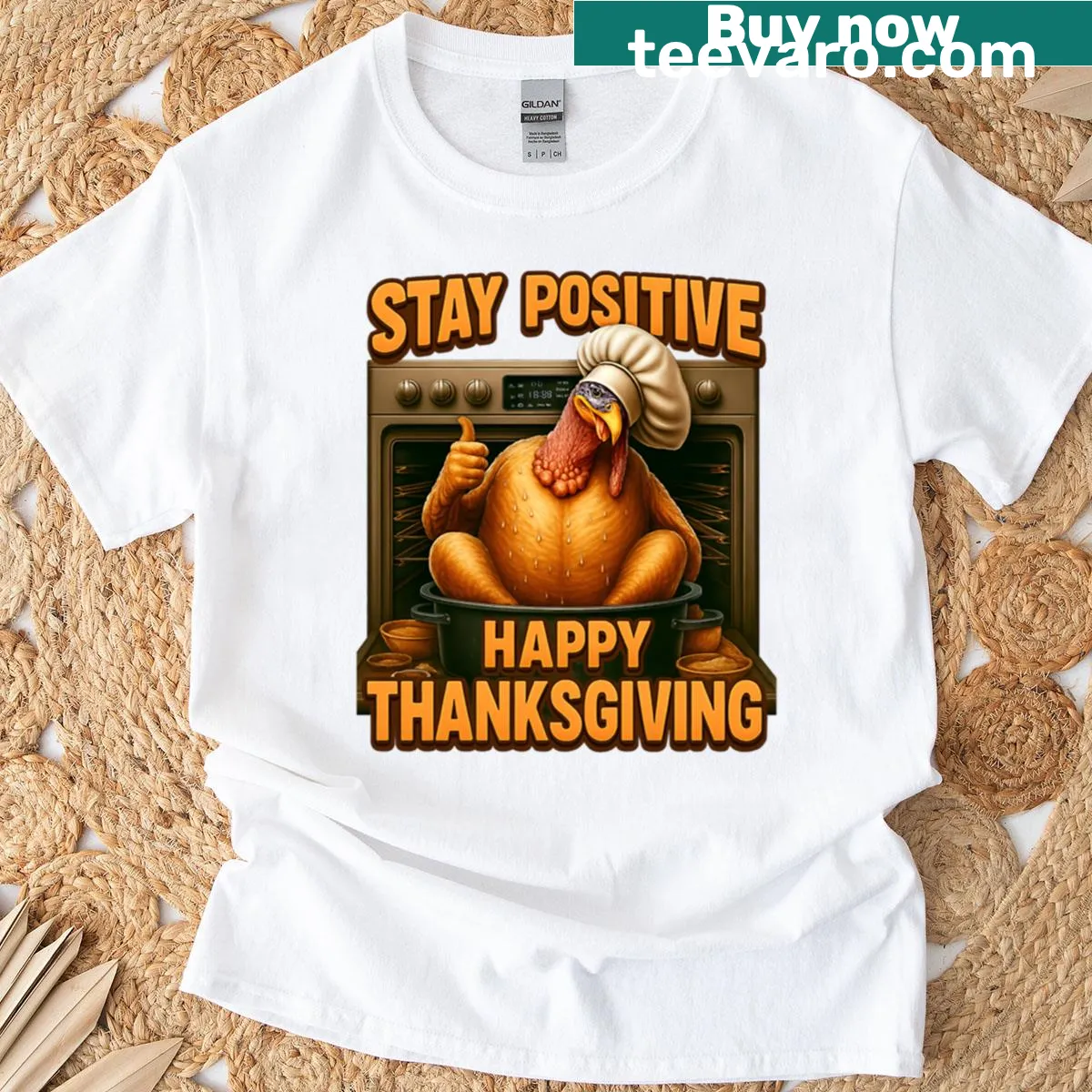 Thanksgiving t-shirt with turkey in oven and humorous quote — on a men's t-shirt