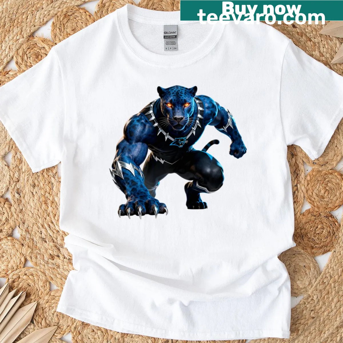 Futuristic blue panther football mascot design on shirt — on a men's t-shirt