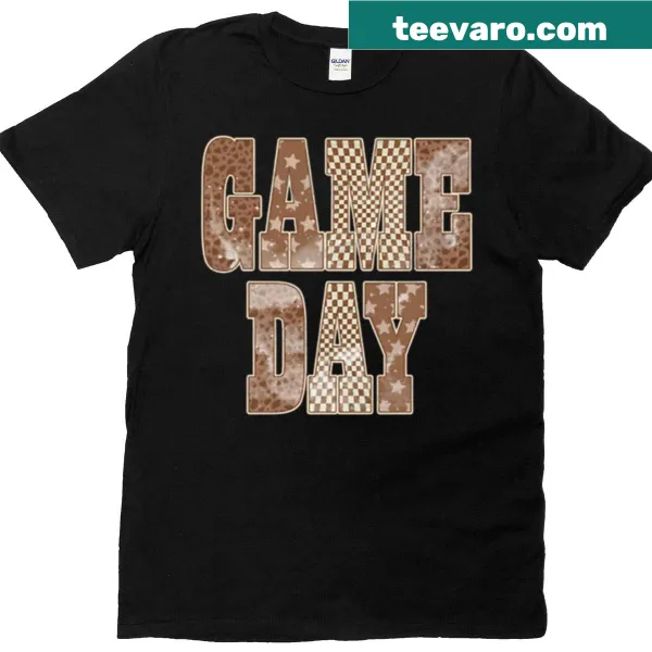 Checkered stars graphic on a neutral brown sports fan t-shirt