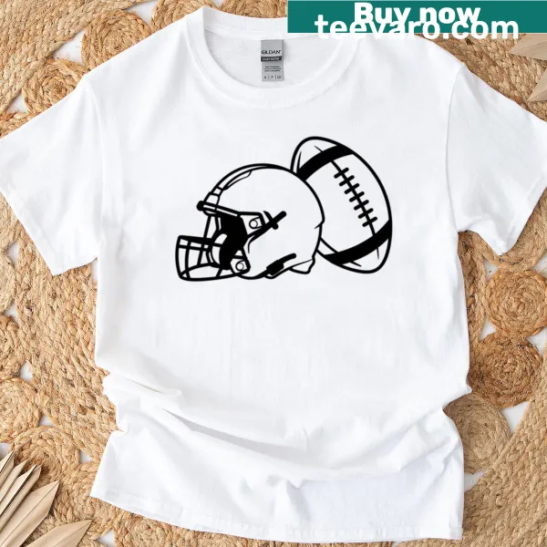 Illustration of a football helmet and ball on a T-shirt.
