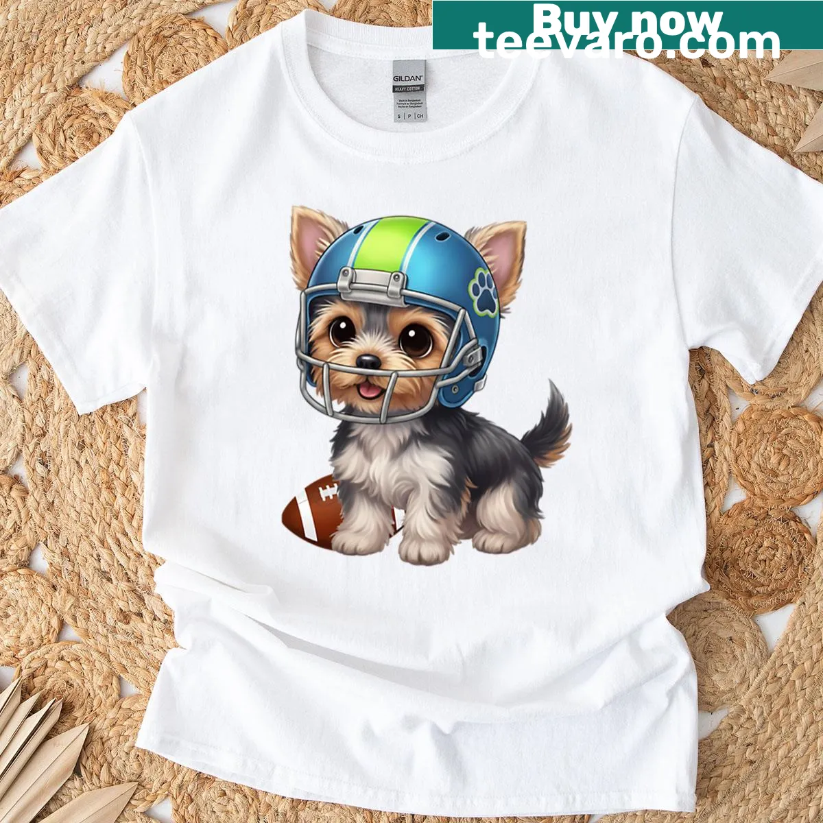 Cheer t-shirt featuring Yorkie in helmet for game day — on a men's t-shirt