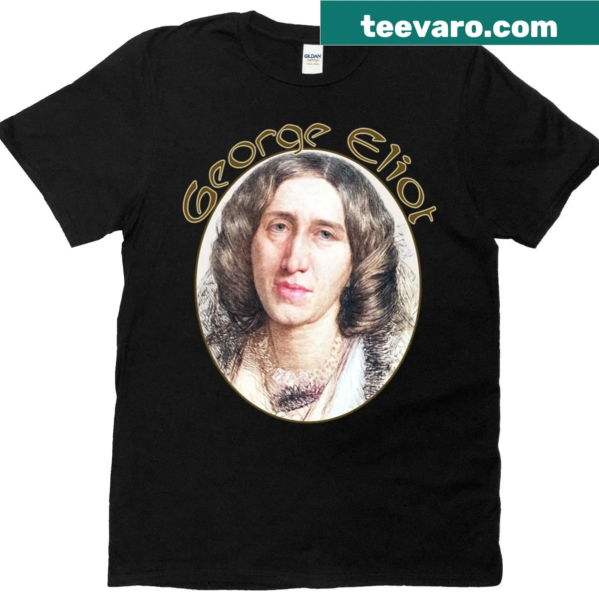 T-shirt featuring the name George Eliot in elegant typography — on a men's t-shirt