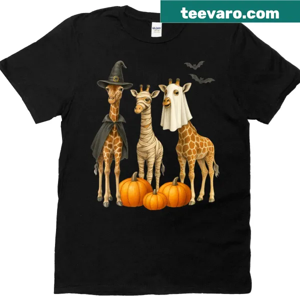 Cute giraffe mummy witch design on a Halloween-themed kids' t-shirt