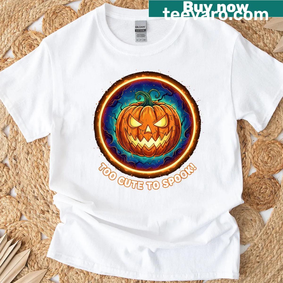 Cute glowing pumpkin graphic for Halloween T-shirt — on a men's t-shirt