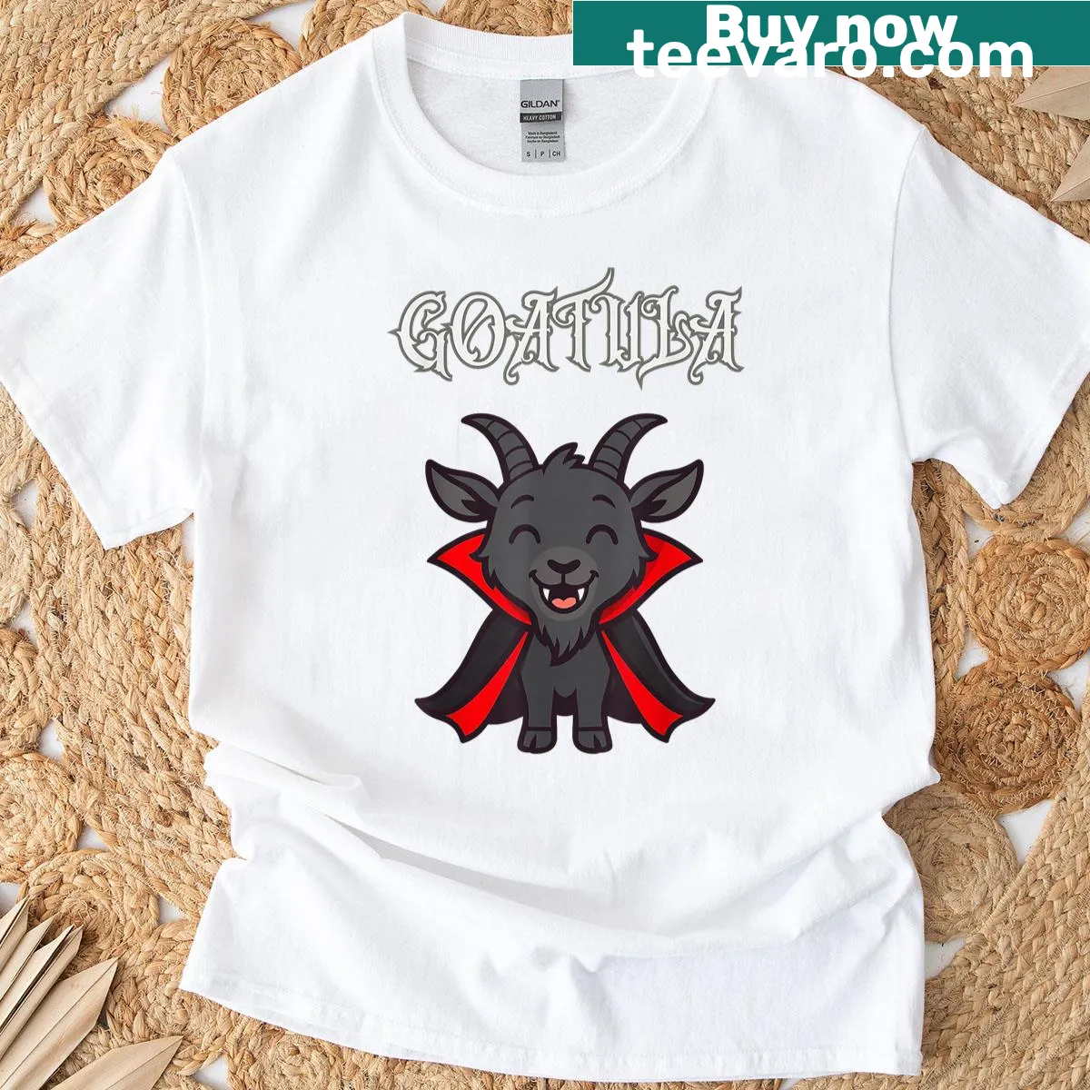 Vampire goat illustration for Halloween themed t-shirt — on a men's t-shirt