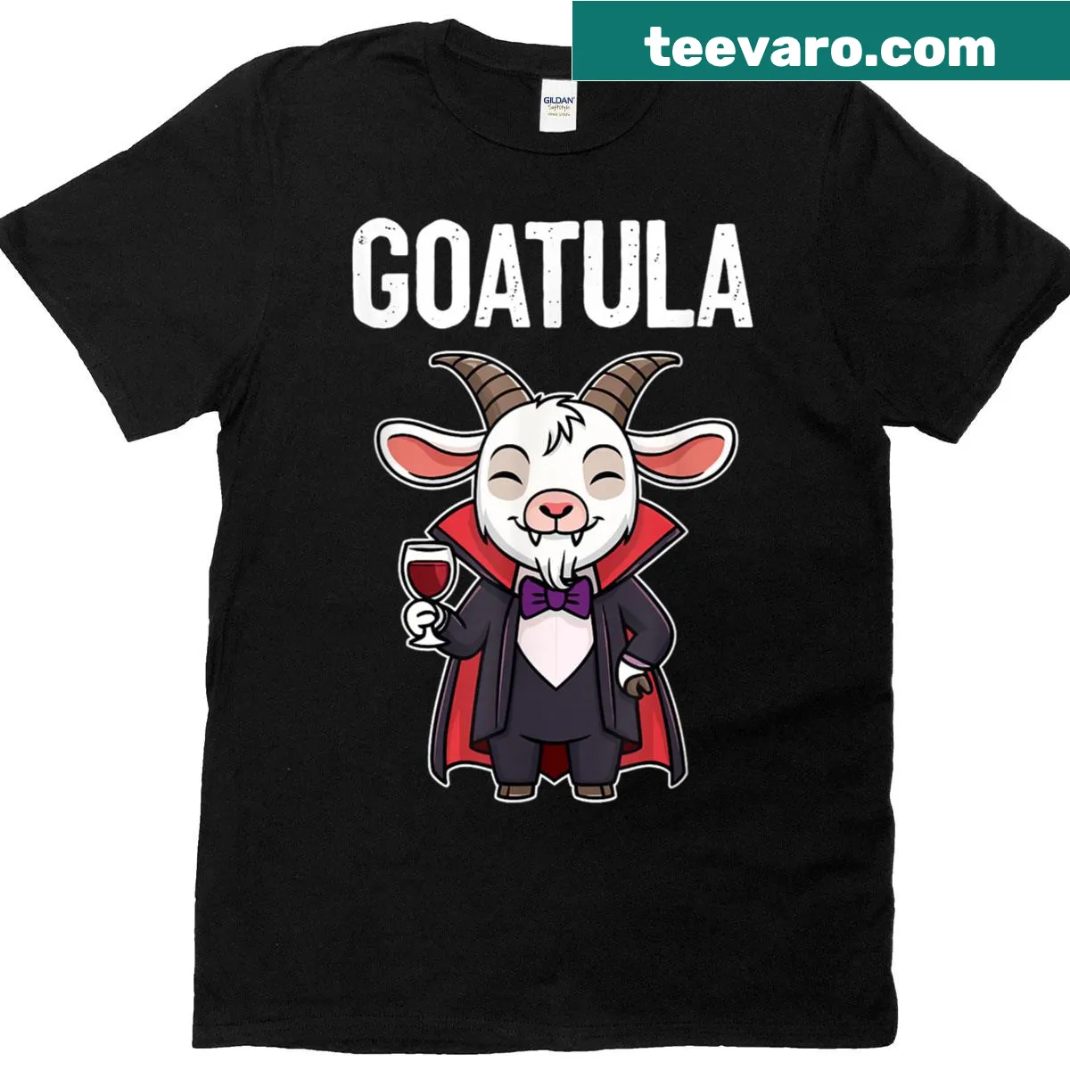 Cartoon vampire goat 'Goatula' graphic on Halloween t-shirt — on a men's t-shirt