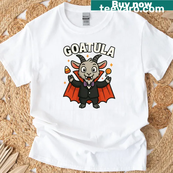 Cartoon design of Goatula, a vampire goat in a cape for Halloween.