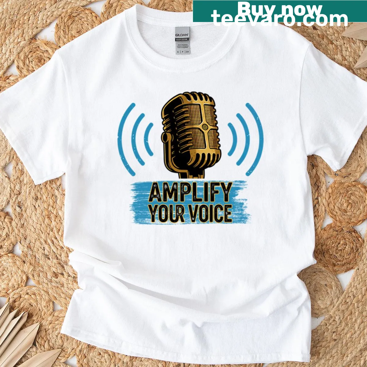 Golden microphone graphic with sound waves on a T-shirt — on a men's t-shirt