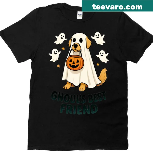 Golden retriever in ghost costume with pun text Halloween t-shirt