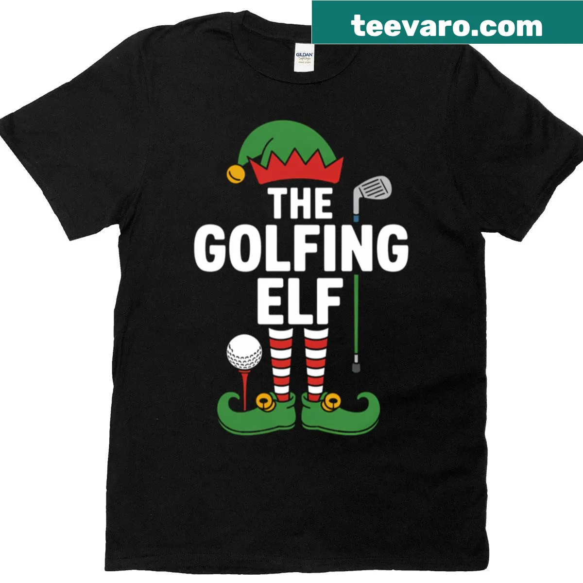 Golfing elf graphic Christmas family t-shirt — on a men's t-shirt