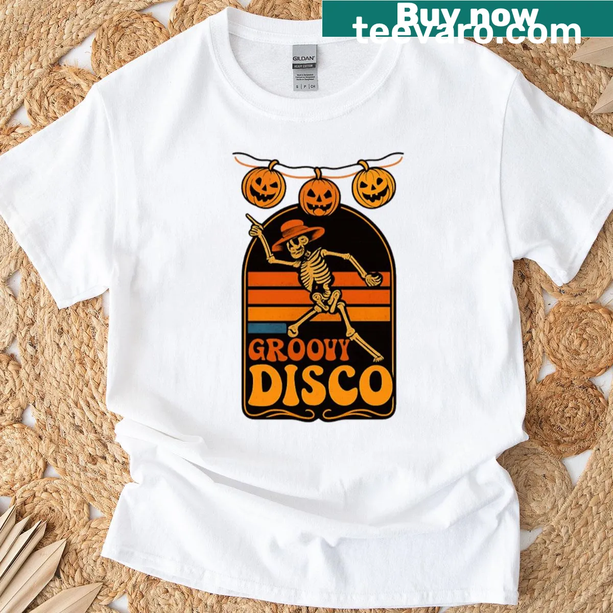 Playful disco skeleton t-shirt for Halloween — on a men's t-shirt