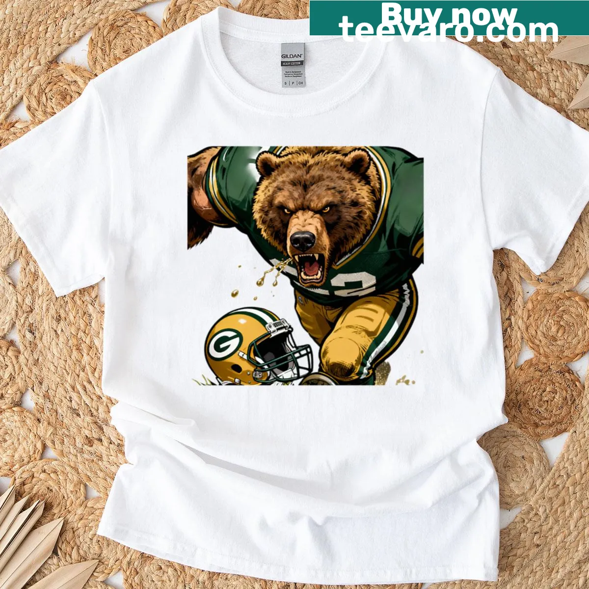 Bear graphic with football charger design for Green Bay fans — on a men's t-shirt