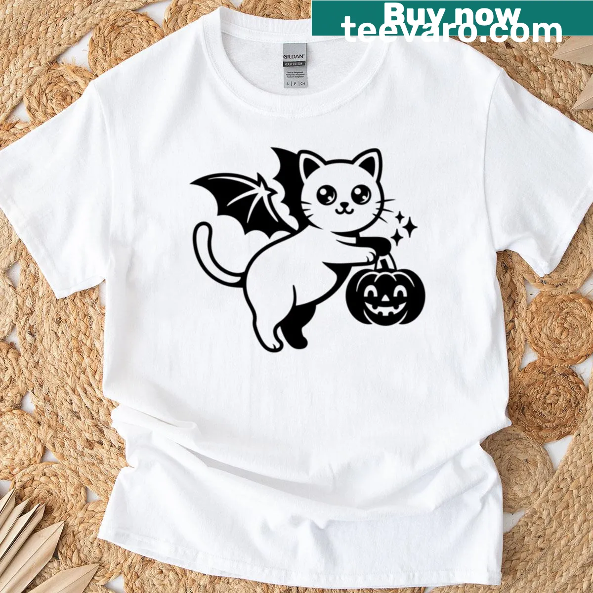 Cute cat in bat costume Halloween shirt — on a men's t-shirt