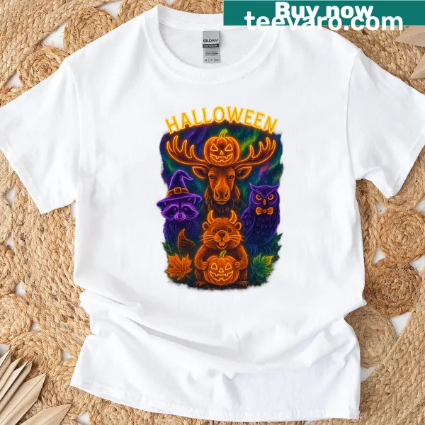 Illustrated Halloween animals in a glowing forest design