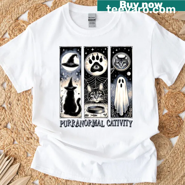 Cute witchy cat with ghosts, pumpkins, and bats Halloween design